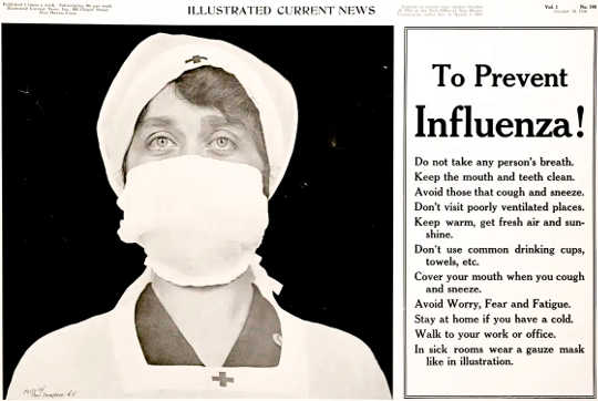 Poster of a Red Cross nurse wearing a gauze mask over her nose and mouth – with tips to prevent the influenza pandemic.
