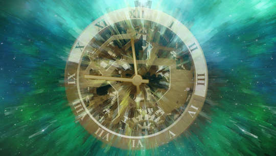 a blurred clock expanding over a starry background
